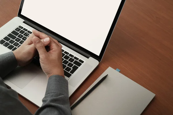 Vista superior de Doble exposición de la mano del hombre de negocios trabajando con nuevo —  Fotos de Stock