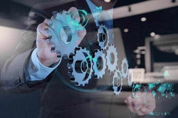 Double exposure of businessman hand working with cog gear to suc — Stock Photo, Image