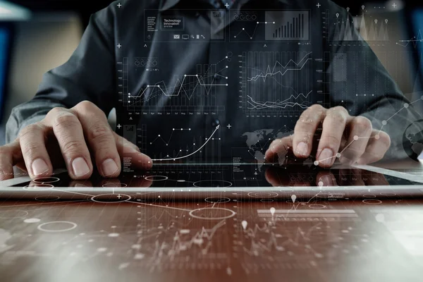 Business man hand working on laptop computer with digital layer — Stock Photo, Image