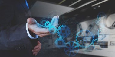 Çift pozlama işadamı el suc cog vites ile çalışma