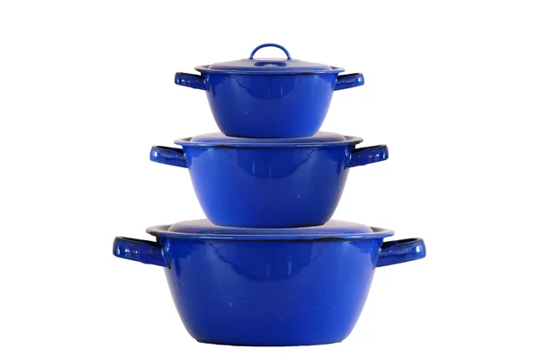 Blue enamel pots isolated — Stock Photo, Image