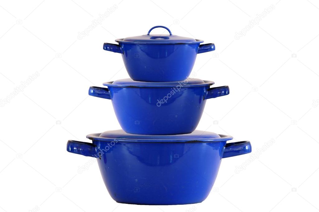 Blue enamel pots isolated 