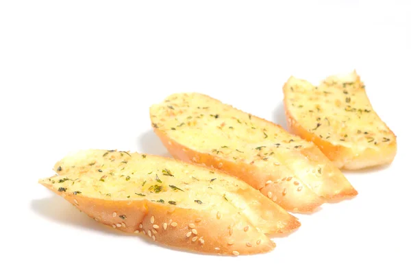 Knoflook Brood Rij Witte Achtergrond — Stockfoto