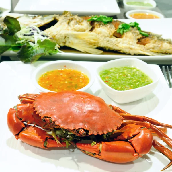 Sea Crab Snapper Seafood Set Spicy Sauce — Stock Photo, Image