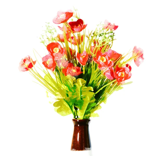 Vazoda Kırmızı Yapay Çiçek Dijital Suluboya Resim — Stok fotoğraf