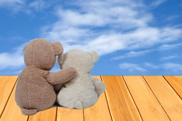 Paar Teddyberen Knuffelen Houten Plank Blauwe Hemel — Stockfoto