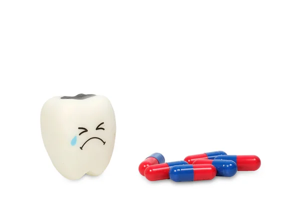 Crying Rubber Teeth More Medicine Capsule Dental Healthcare Concept — Stock Photo, Image