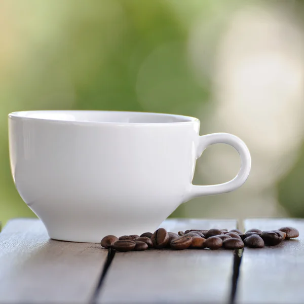 Coffee seeds with white cup — Stock Photo, Image