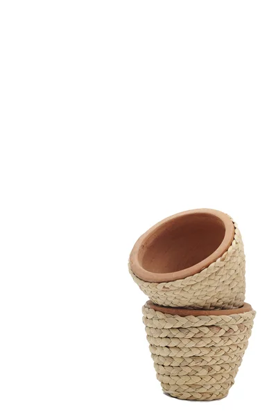 Mini clay pots with rattan rope — Stock Photo, Image