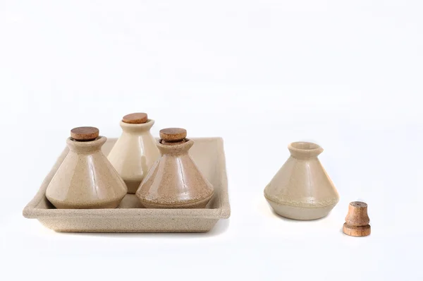 Spa clay bottles with corks — Stock Photo, Image