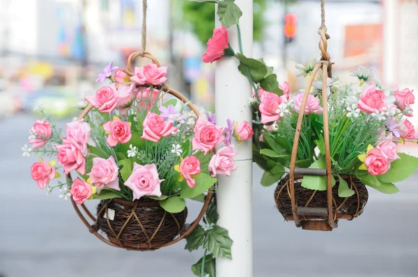 Beautiful flowers in baskets — Stock Photo, Image