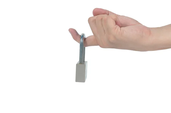 Man wijsvinger vergrendeld door hangslot — Stockfoto