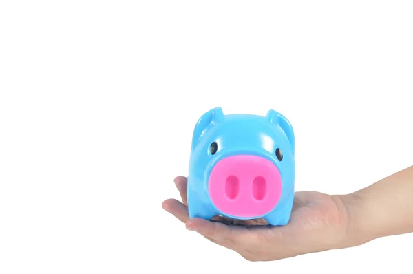 Blauwe piggy bank in man hand geïsoleerd op een witte achtergrond, clippi — Stockfoto