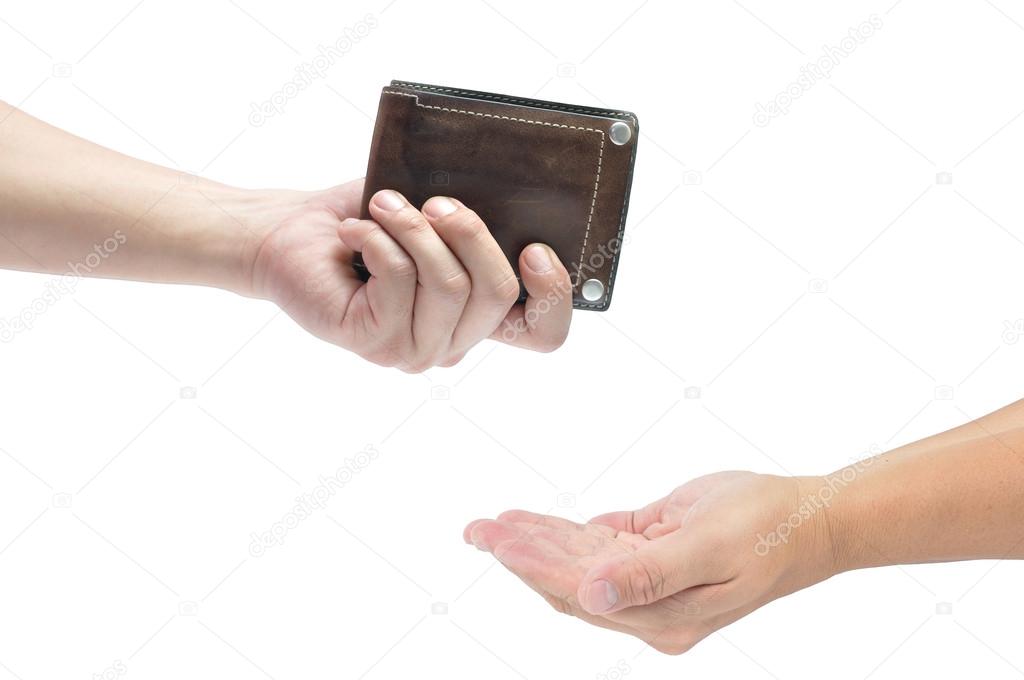 Man hand holding leather men wallet isolated on white background