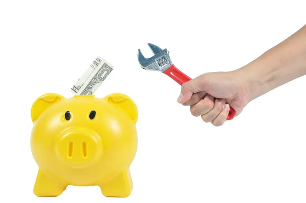 Man hand action with  piggy-bank — Stock Photo, Image