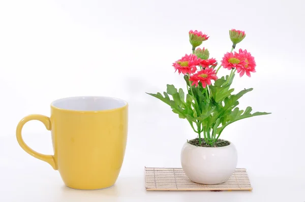 Flower pot with coffee cup — Stock Photo, Image