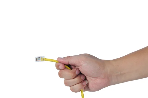 Man hand hålla gul kabel — Stockfoto