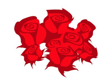 Bir buket kırmızı gül. Beyaz arka planda kırmızı çiçeklerin stilize çizimi. İllüstrasyonlar için vektör resmi.