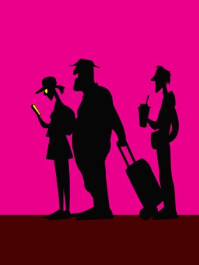 Sırada bir grup insan var. Pembe arka planda siyah siluetler. İllüstrasyonlar için vektör resmi.