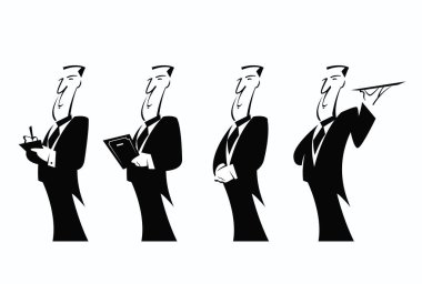 Baş garson. Garson! Pahalı restoran çalışanı. İllüstrasyonlar için vektör resmi.