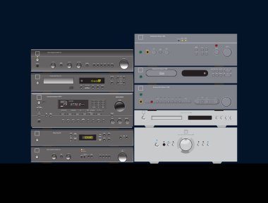 Device for quality sound. Amplifiers, players. Vector image for illustrations.