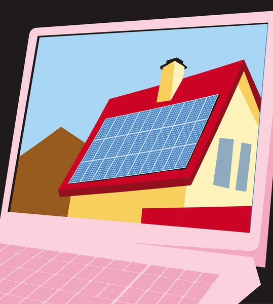 Casa Com Painéis Solares Tela Laptop Imagem Vetorial Para Ilustrações — Vetor de Stock