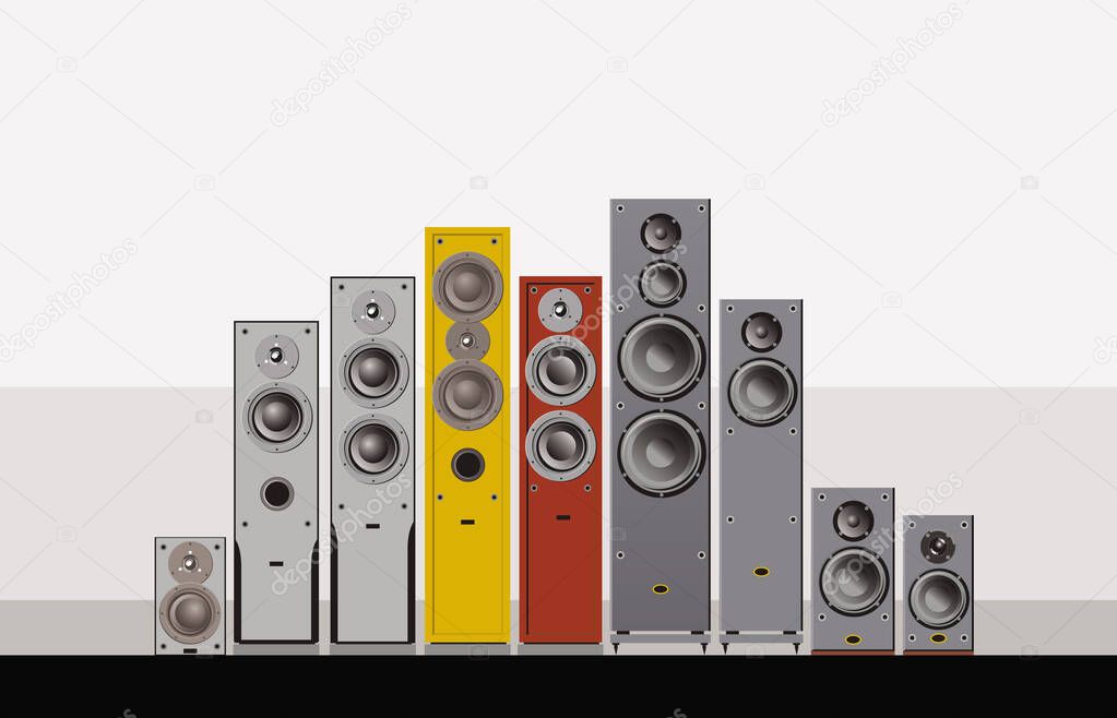 Devices for quality sound. Sound speakers, line of acoustic systems. Vector image for illustrations.