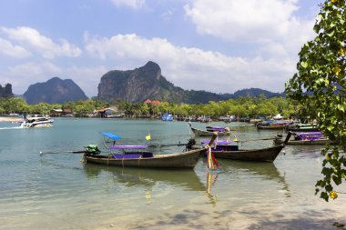 Uzun kuyruk tekneler içinde yer vith mountain view rıhtım