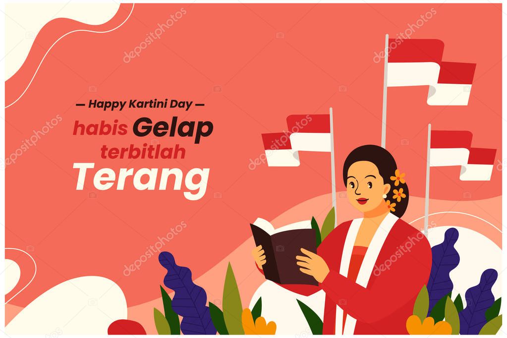 kartini day background poster. A women holding a book.