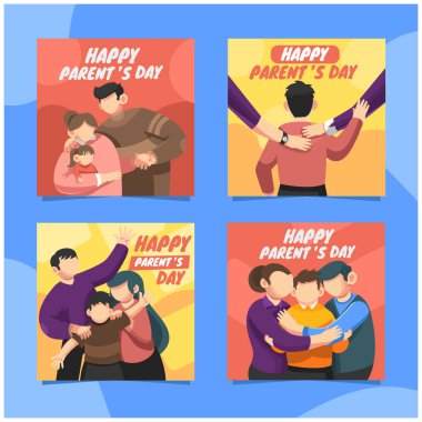 Ebeveynler Günü için sevimli küçük aile kartları. Babalar Günü, babalığın ve babalık bağlarının yanı sıra babaların toplum üzerindeki etkisini onurlandıran bir bayramdır..