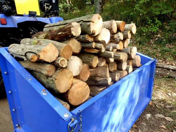 Tractor Bucket Full Sawn Logs Fire — Stock Photo, Image