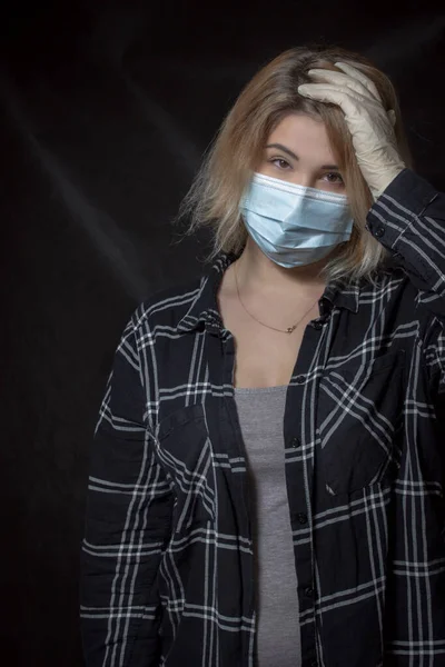 Young Beautiful Woman Medical Mask Gloves Posing Dark Background — Stock Photo, Image