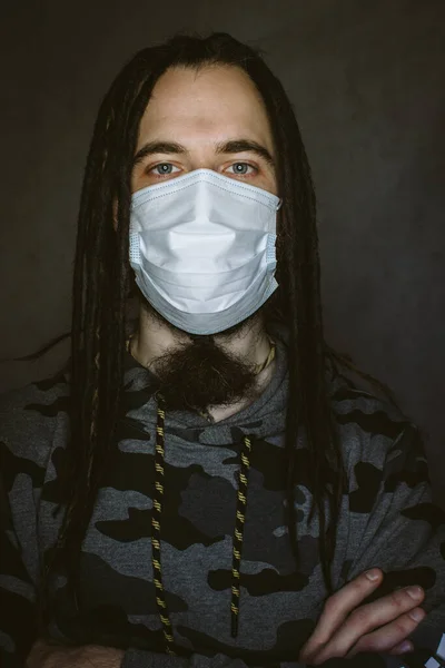 Young Man Mask Posing Grey Background — Stock Photo, Image