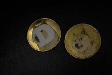 Dogecoins şifreleme para birimi yumuşak ışıkta dizüstü bilgisayarda yatıyor