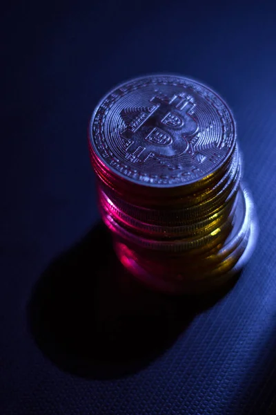 Stack Bitcoins Dark Surface Neon Lights — Stock Photo, Image