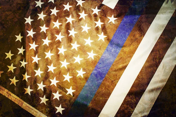Closeup of grunged Thin Blue Line American Flag.