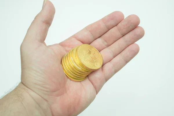 白い背景にビットコインのスタック — ストック写真