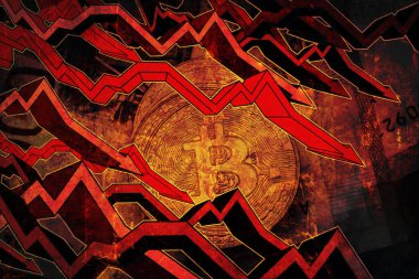 Beyaz arka planda kırmızı okları olan bitcoinler. Bitcoin konseptinin düşüşü.