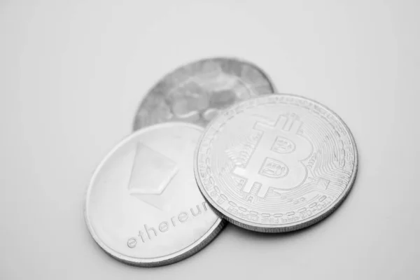 Three Crypto Coins White Background Bitcoin Ethereum Ripple — Stock Photo, Image