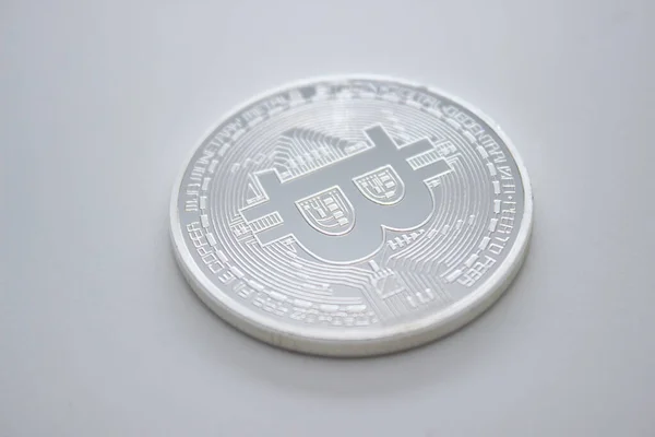 One Silver Bitcoin White Background — Stock Photo, Image