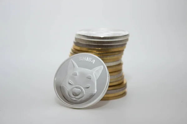 Shiba Inu Moneta Pila Bitcoin Sfondo Bianco — Foto Stock