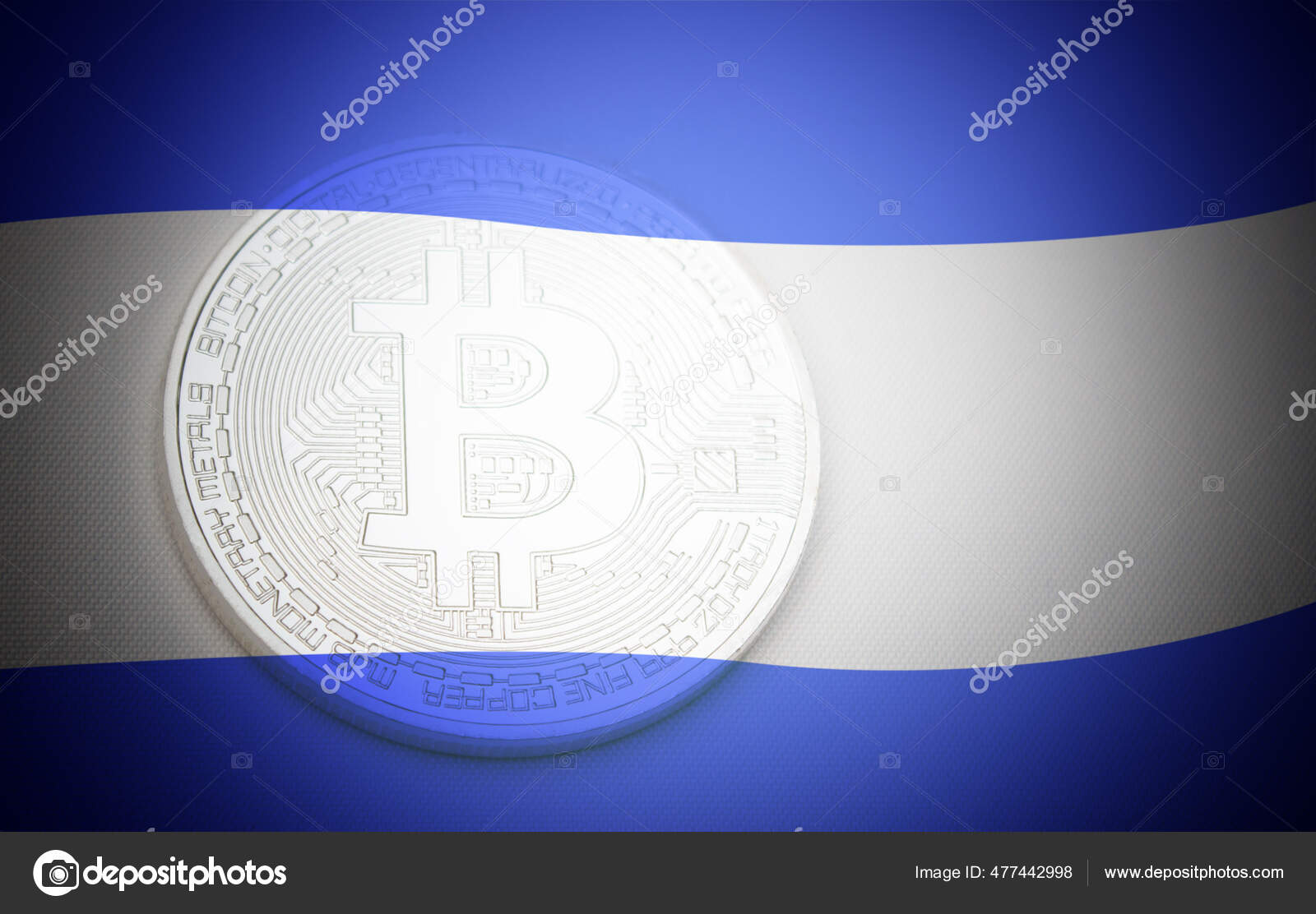 萨尔瓦多国旗与比特币萨尔瓦多是第一个采用比特币作为法定货币概念的国家—— 库存社论照片© IgorFaun #477442998