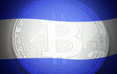 Bitcoin 'li El Salvador bayrağı. El Salvador ilk ülke olarak Bitcoin 'i yasal ihale konsepti olarak kabul ediyor.