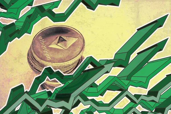 Стек Ефірних Монет Зелених Стріл Білому Тлі — стокове фото