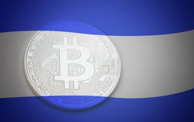 Bitcoin 'li El Salvador bayrağı. El Salvador ilk ülke olarak Bitcoin 'i yasal ihale konsepti olarak kabul ediyor.