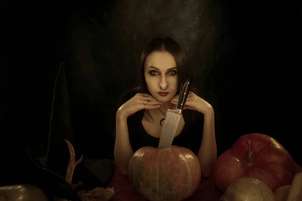 Gothic Girl Pumpkins Other Halloween Stuff — 图库照片