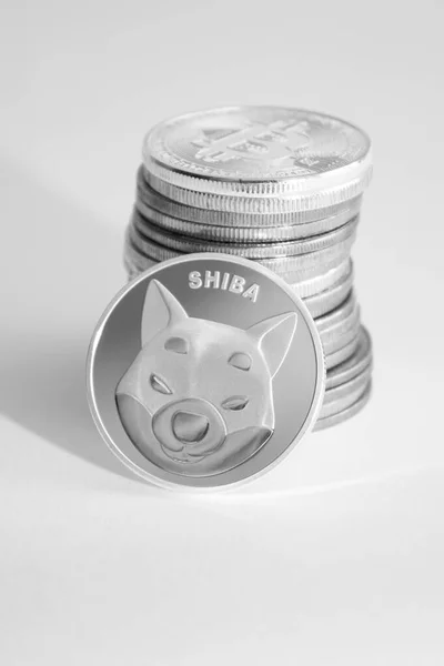 Moneta Shiba Pila Bitcoin Sfondo Bianco — Foto Stock