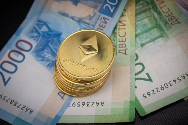 Stack Ethereum Coins Russian Rubles — Stock Photo, Image