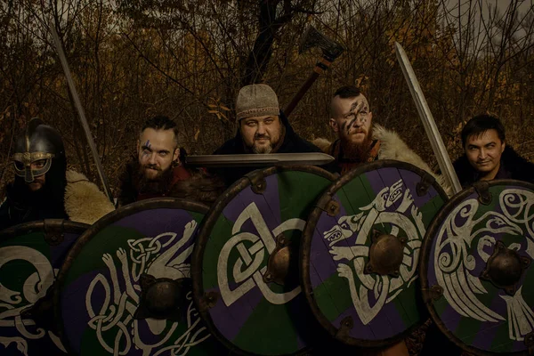 Armed Scandinavian Warriors Ready Fight — Stock Photo, Image