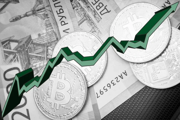 Stack Bitcoin Freccia Verde Sfondo Bianco — Foto Stock